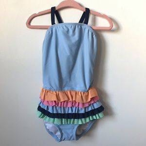 Hanna Andersson Blue Rainbow Ruffled Swim Suit